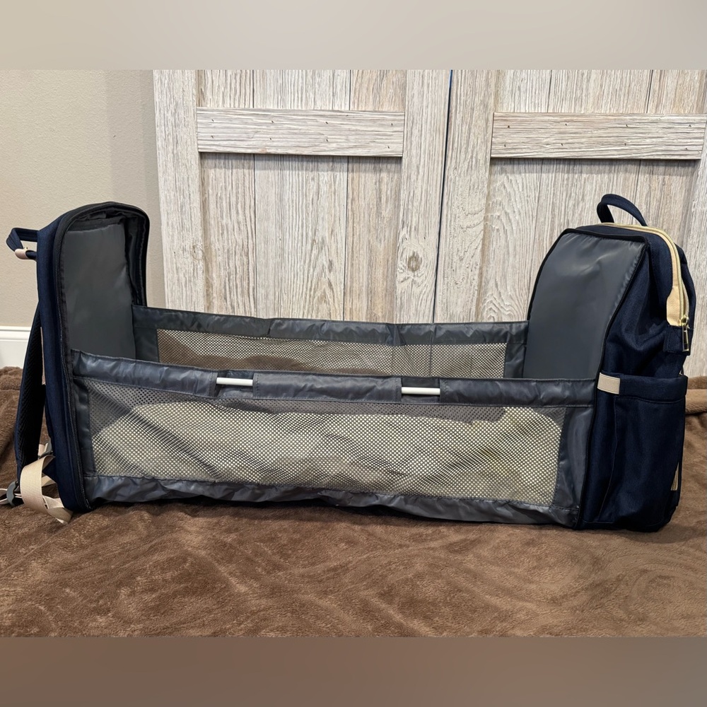 Convertible Diaper Bag Backpack Navy and Tan.